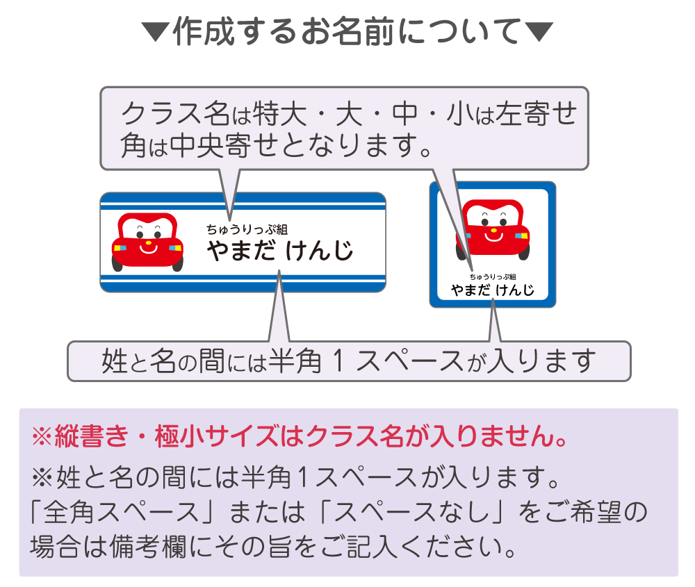 クラス名入りお名前シールの作成するお名前について